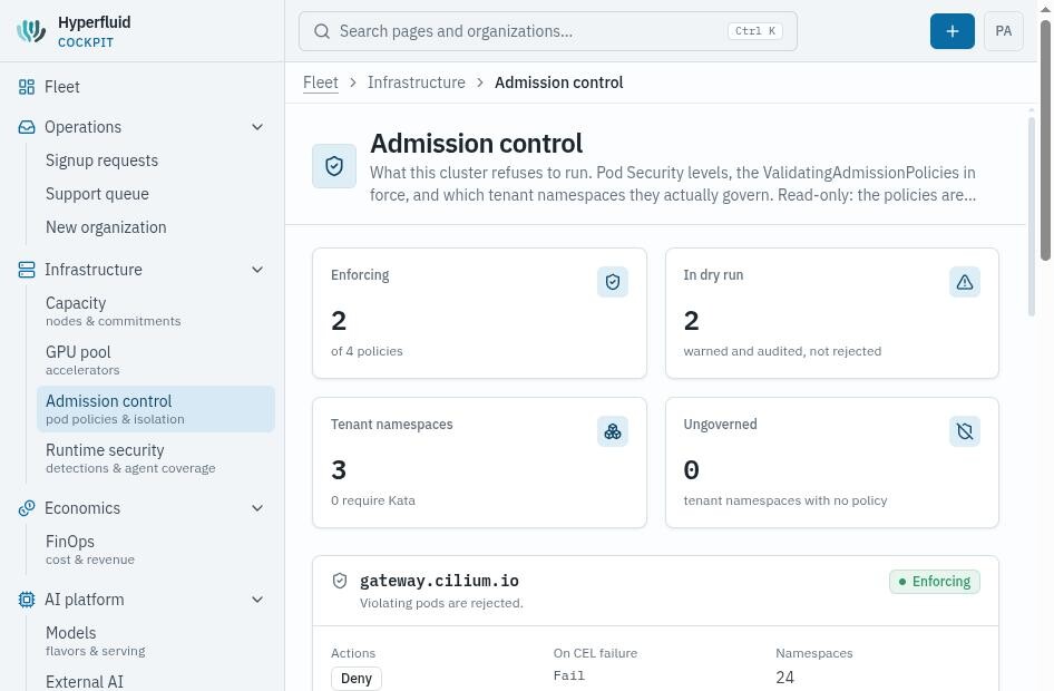 Le cockpit Hyperfluid, page Admission control : les politiques appliquées, celles en observation, et les namespaces qu'elles gouvernent